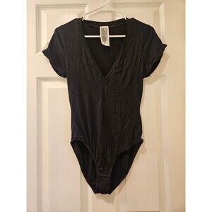 Free People Bodysuit Folded Sleeve V Neck T Shirt Black Size Small